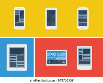 Flat design vector illustration set of abstract simplistic user interface layout on different mobile devices. Isolated on yellow, blue and red background.