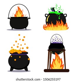 Flat design vector illustration set black halloween witches cauldron with green, orange, purple poison potion, fireplace isolated on white background. Icon image of magical boiling and bubbling pot.