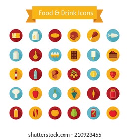 Flat design vector illustration set of round icons with long shadow effect of food and drinks, agricultural products isolated on white. For retail store, food production, farm business