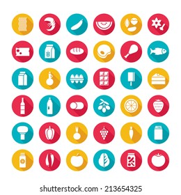 Flat design vector illustration set of round icons with long shadow effect of food and drinks, vegetables, fruits, seafood, isolated on white. For retail store, food production, farm business 