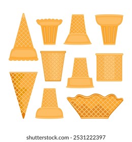 Flat design vector illustration set of biscuits. Waffle cones, crisp brown cones, various shapes, for ice cream, frozen dessert menu, bakery, delicious, side view. Isolated from the background.

