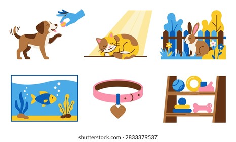 Flat design vector illustration set of pets and pet care items: dog treat, sleeping cat, rabbit, fish tank, collar, toy shelf
