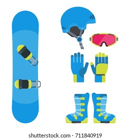 Flat design vector illustration set of snowboard equipment icon . Winter sports. Outfit, clothing, accessories for skiing, snowboarding. Holidays in mountains, active lifestyle. Isolated on white.