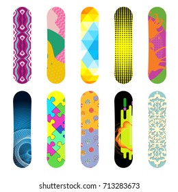 Flat design vector illustration set of bright snowboard icon. Winter sports. Outfit, clothing, accessories for skiing, snowboarding. Holidays in mountains, active lifestyle. Isolated on white.