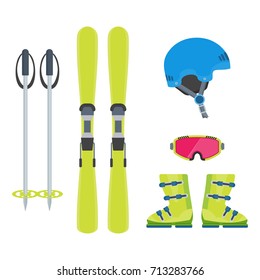 Flat design vector illustration set of . Winter sports. Outfit, clothing, accessories for skiing, snowboarding. Holidays in mountains, active lifestyle. Isolated on white background.