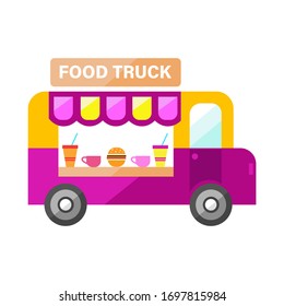  Ilustración vectorial de diseño plano. Icono de coche de compra con placa.  Trailer de comida rápida con hamburguesa, bebida, café Aislado en blanco. camión callejero, cocina móvil, restaurante