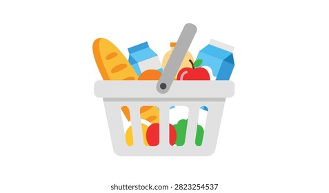 a flat design vector illustration of a shopping basket containing various groceries like bread, milk, fruits, and vegetables.