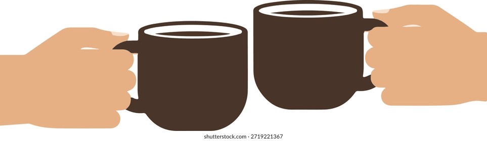 Ilustración vectorial de diseño plano que muestra a dos personas tintineando tazas de café o bebida caliente. Este gráfico representa un momento de ruptura compartida, asociación o amistad simbolizado por el brindis de bebida caliente, aislado en blanco.
