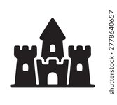 Flat design vector illustration of a simple castle with two towers and an arched entrance on a plain background.