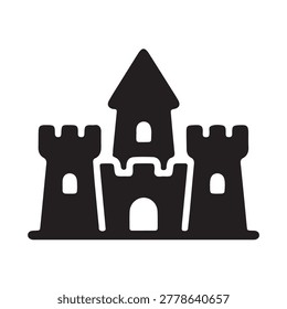 Flat design vector illustration of a simple castle with two towers and an arched entrance on a plain background.