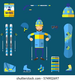 Flat design vector illustration of skiing equipment. Smiling happy skier with ski.