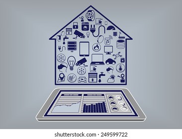 Ilustración vectorial de diseño plano de una infografía inteligente de automatización doméstica. Controlar el sistema doméstico inteligente con smartphone o tableta mediante tablero de información