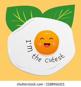 Flat design vector illustration of smile face egg fried isolated in yellow background. 2D Egg icon with hand written word I'm the cutest. Tee print or other uses. 