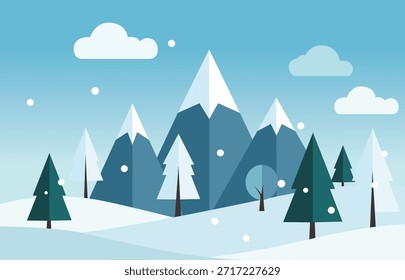 Flat design vector illustration of snow capped mountains and pine forest in winter season with falling snow.