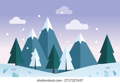 Flat design vector illustration of snow capped mountains and pine forest in winter season with falling snow.
