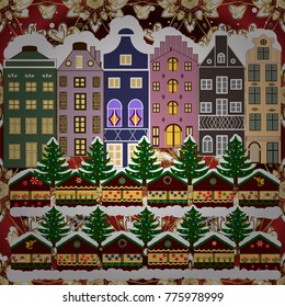 Flat design. Vector illustration. Snowy street. Urban winter landscape. Christmas card Happy Holidays banner.