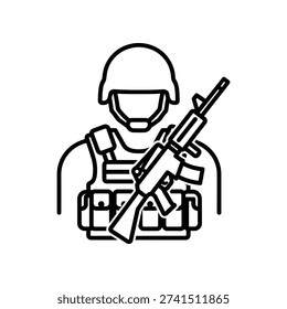 Flat design vector illustration of a soldier in combat gear holding a rifle, ideal for military, security, and defense projects.