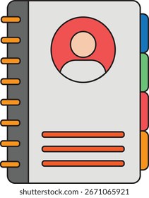 Flat Design Vector Illustration of a Spiral Bound Contact Directory with Profile Icon and Colorful Index Tabs