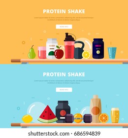 Flat design vector illustration of a sports nutrition concept. Horizontal banners with elements for a protein shake. Sports Supplements & Fruits.