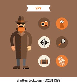 Flat Design Vector Illustration of Spy with Icon Set. Infographic Design Elements