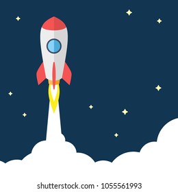 Flat Design Vector illustration of Startup Concept. Flying Rocket on dark Background. Copy-space