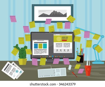 Flat design vector illustration of stickies on computer screen in the modern office. Interior with desktop showing application with interface icons and elements in minimalistic style and color.
