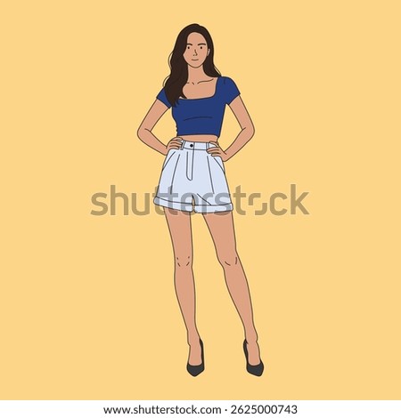 Flat design vector illustration, a stylish woman in a blue crop top, white shorts, and black heels, standing confidently with hands on hips on a yellow background.
