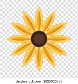 Flat design vector illustration of a stylized yellow flower with a dark brown center, resembling a sunflower or daisy. Clean graphic for nature and floral themes.