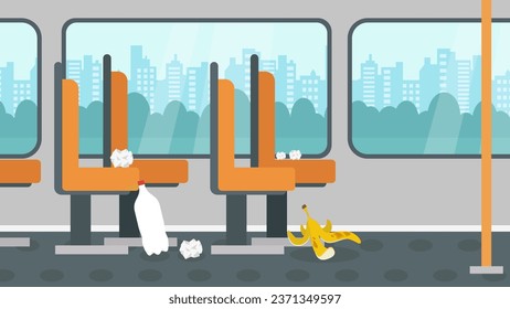 Ilustración vectorial de diseño plano de un vagón de metro con basura en el autobús.