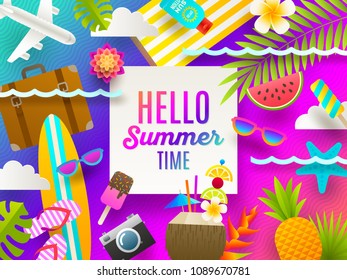 Flat design vector illustration. Summer holidays and beach vacation things and items on a bright gradient background.