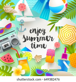 Flat design vector illustration. Summer holidays and beach vacation things and items.