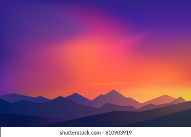 Flat design. Vector illustration - sunset in the mountains