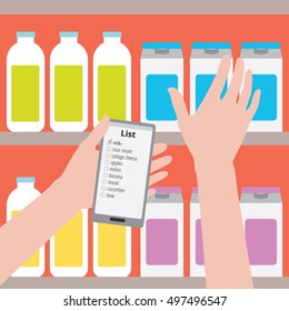 Flat Design Vector Illustration. Supermarket. Man Is Holding A Phone With A Shopping List On A Background Of Bottles, The Other Hand Takes The Product Off The Shelf