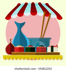 Flat design vector illustration, sushi shop