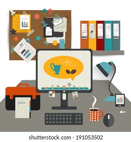 Flat design vector illustration. Table with computer, folders, noticeboard, coffee cup, lamp. Work pause concept. 