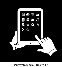 Flat design vector illustration of tablet using with one hand holding and touching icons on screen with finger. White color infographic isolated on black background