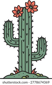 Flat design vector illustration of a tall saguaro cactus with two arms, spines and two red blooming flowers on top growing from a small mound. Bold black outlines on white background. Perfect for desert, nature, Mexico, southwest, botanical, summer, and tropical design projects.
