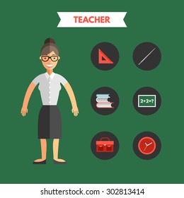 Flat Design Vector Illustration of Teacher with Icon Set. Infographic Design Elements