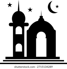 Flaches design, Vektorgrafik einer traditionellen Moschee mit blauen Kuppeln und Minaretten; ideal für Ramadan und Eid Grußkarten