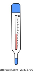 A flat design vector illustration of a traditional glass thermometer filled with red liquid, featuring blue caps on both ends, clean black outlines, and a minimalist measurement scale, isolated on a white background.