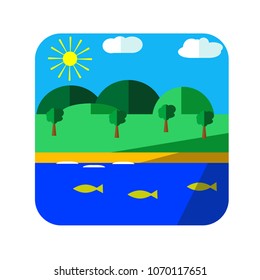 Flat design vector illustration with trees, mountains, sea coast, clouds, sun. Environment