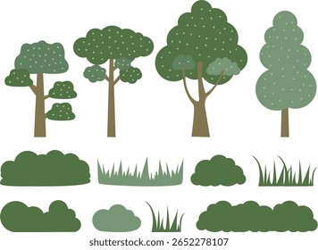 Flat design vector illustration of trees, bushes, and grass elements with pastel colour