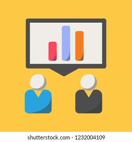 Flat design vector illustration. Two people presenting data analytic in graph 