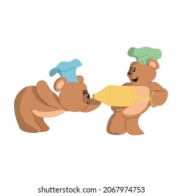 flat design vector illustration of two bears wearing chef hats playing