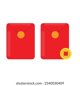 Flat design vector illustration two sealed chinese new year lucky money envelope and chinenese gold coin. Chinese new year ornament