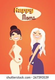 Flat Design Vector Illustration. Two Happy Moms. Young Pregnant Women with Template Text