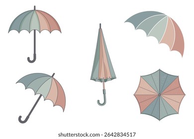 Flat design vector illustration of umbrella set, multicolor weather protection icons, simple and cute cartoon style, decorative rain accessory collection for children’s books, posters, and web

