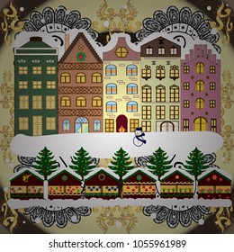 Flat design. Vector illustration. Urban winter landscape. Christmas card Happy Holidays banner. Snowy street.
