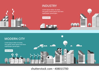 Flat design vector illustration with urban landscape and industrial factory buildings.