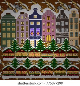 Flat design. Vector illustration. Urban winter landscape. Christmas card Happy Holidays banner. Snowy street.